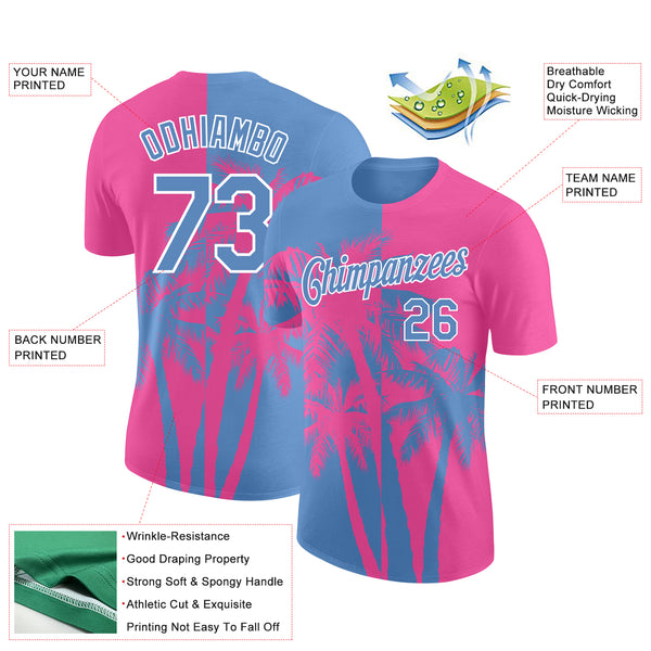 Custom Pink Light Blue-White 3D Pattern Design Hawaii Coconut Trees Performance T-Shirt