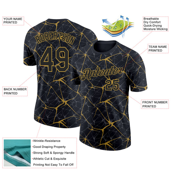 Custom Black Old Gold 3D Pattern Design Abstract Network Performance T-Shirt