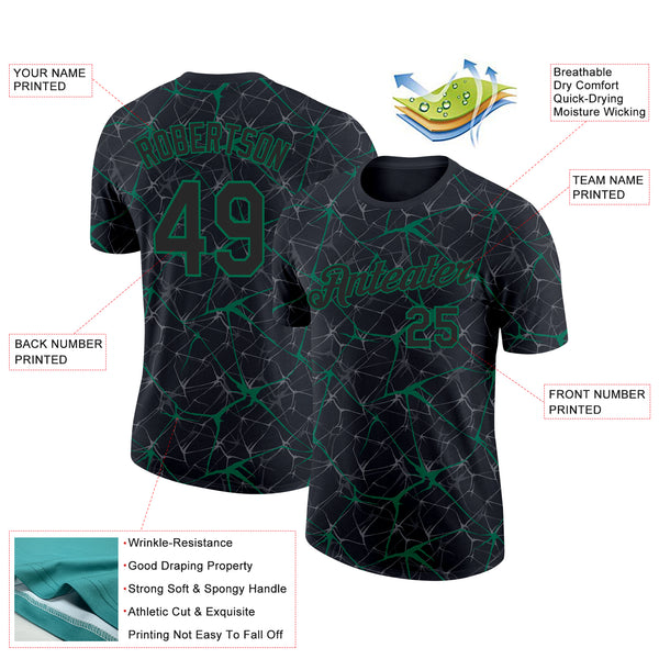 Custom Black Kelly Green 3D Pattern Design Abstract Network Performance T-Shirt