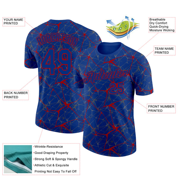 Custom Royal Red 3D Pattern Design Abstract Network Performance T-Shirt