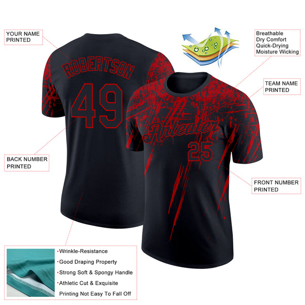 Custom Black Red 3D Pattern Design Abstract Sharp Shape Performance T-Shirt