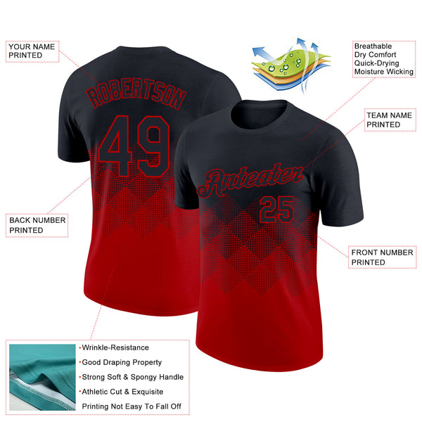 Custom Black Red 3D Pattern Design Gradient Square Shapes Performance T-Shirt