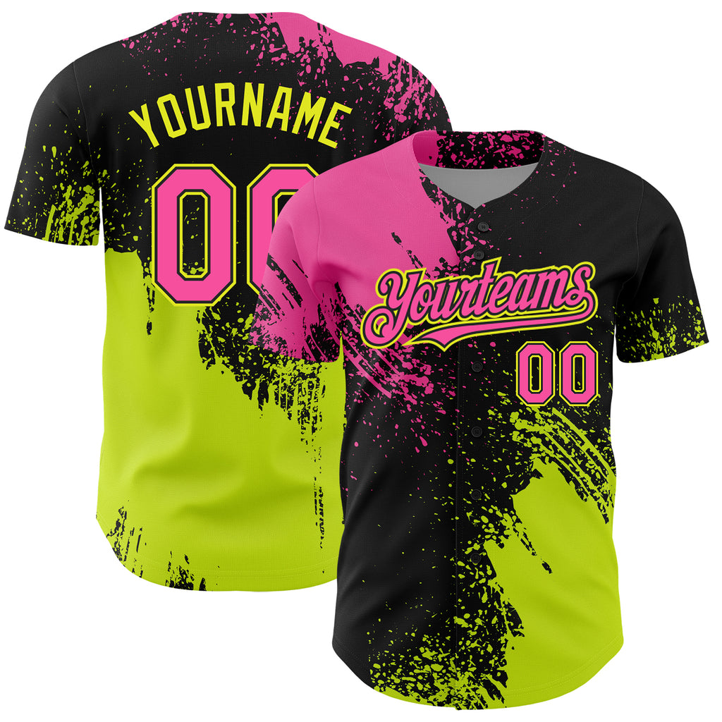 Custom Pink Black-Neon Yellow 3D Pattern Design Abstract Brush Stroke Authentic Baseball Jersey