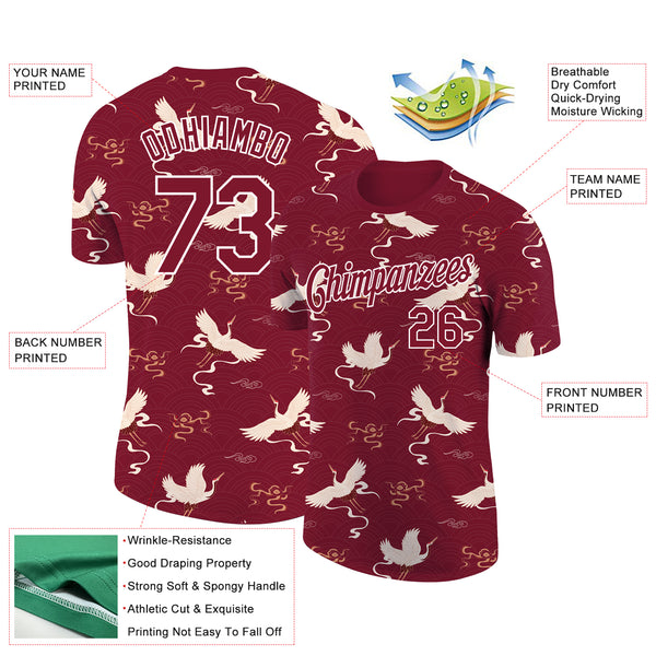 Custom Crimson White 3D Pattern Design Animal Crane Performance T-Shirt