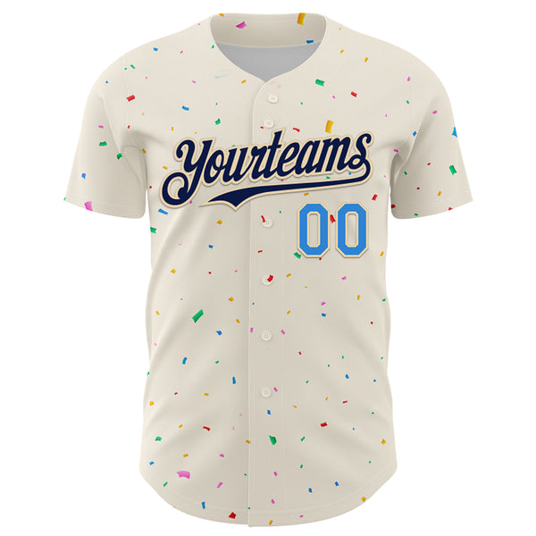 Custom Cream Navy-Electric Blue 3D Pattern Design Confetti Authentic Baseball Jersey