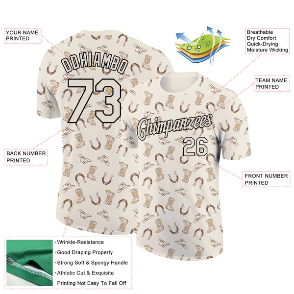 Custom Cream Black 3D Pattern Design Cowboy Accessory Performance T-Shirt