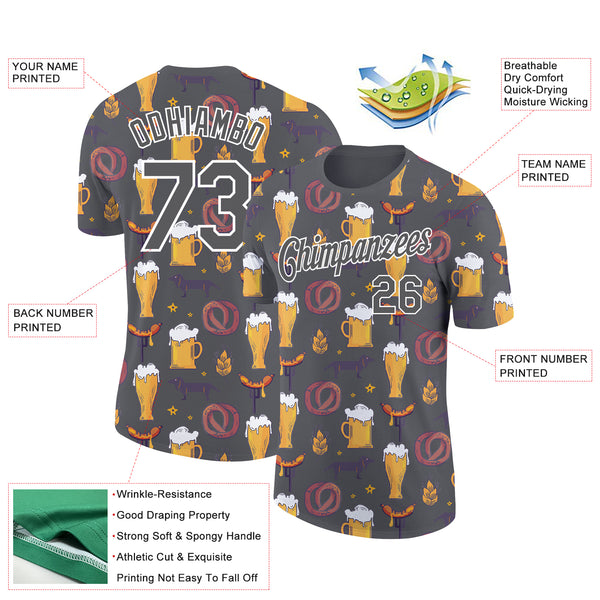 Custom Steel Gray White 3D Pattern Design Oktoberfest Beer Festival Performance T-Shirt