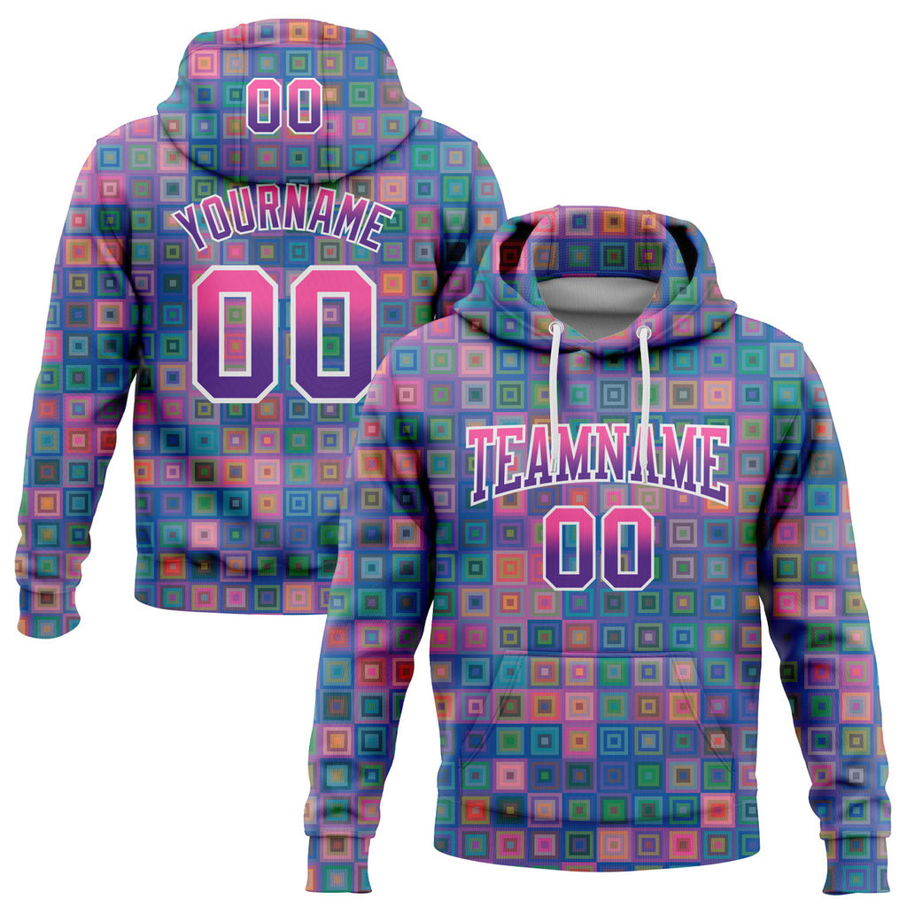 Custom Stitched Royal Pink-Purple 3D Pattern Design Geometric Gradient Square Shapes Sports Pullover Sweatshirt Hoodie