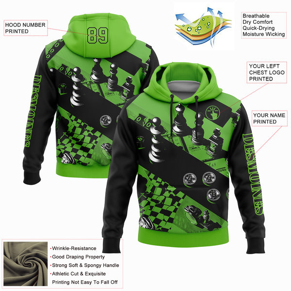 Custom Aurora Green Black 3D Chess International Chess Day Sports Pullover Sweatshirt Hoodie