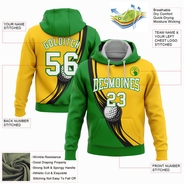 Custom Stitched Yellow White-Grass Green 3D Golf Ball Sports Pullover Sweatshirt Hoodie