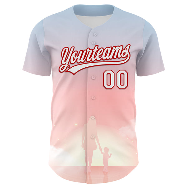 Custom Light Pink White-Red 3D Pattern Design Mother's Day Family Love Authentic Baseball Jersey