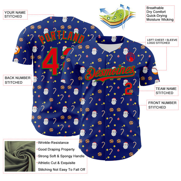 Custom Royal Fire Red-Grass Green 3D Pattern Design Christmas Foodie Food Snack Chocolate Cookie Candy Cane Authentic Baseball Jersey
