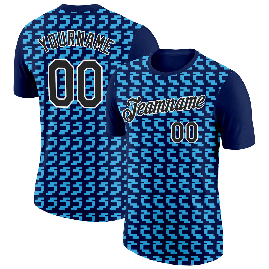 Custom Navy Black-Sky Blue 3D Esports Performance T-Shirt