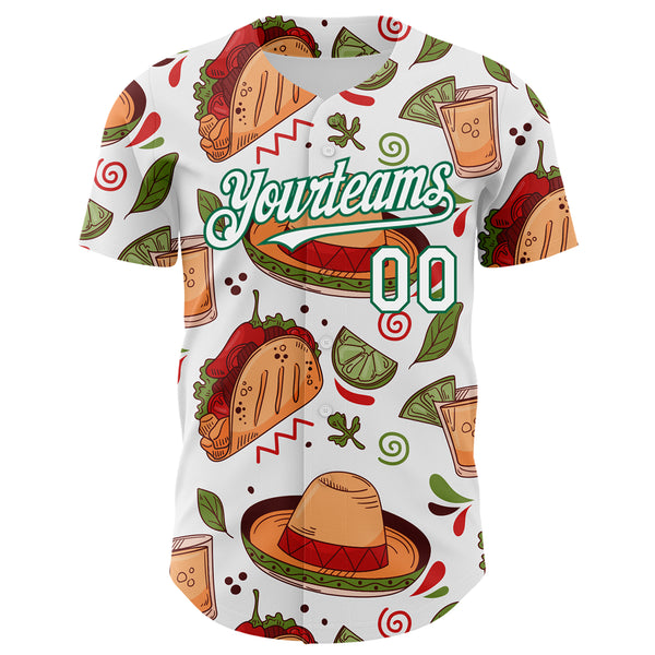 Custom White Kelly Green 3D Mexican Festival Tacos And Sombrero Cinco de Mayo Authentic Baseball Jersey
