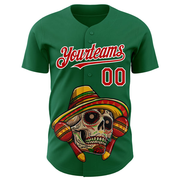 Custom Kelly Green Red-White 3D Mexican Festival Skull With Sombrero Cinco de Mayo Authentic Baseball Jersey