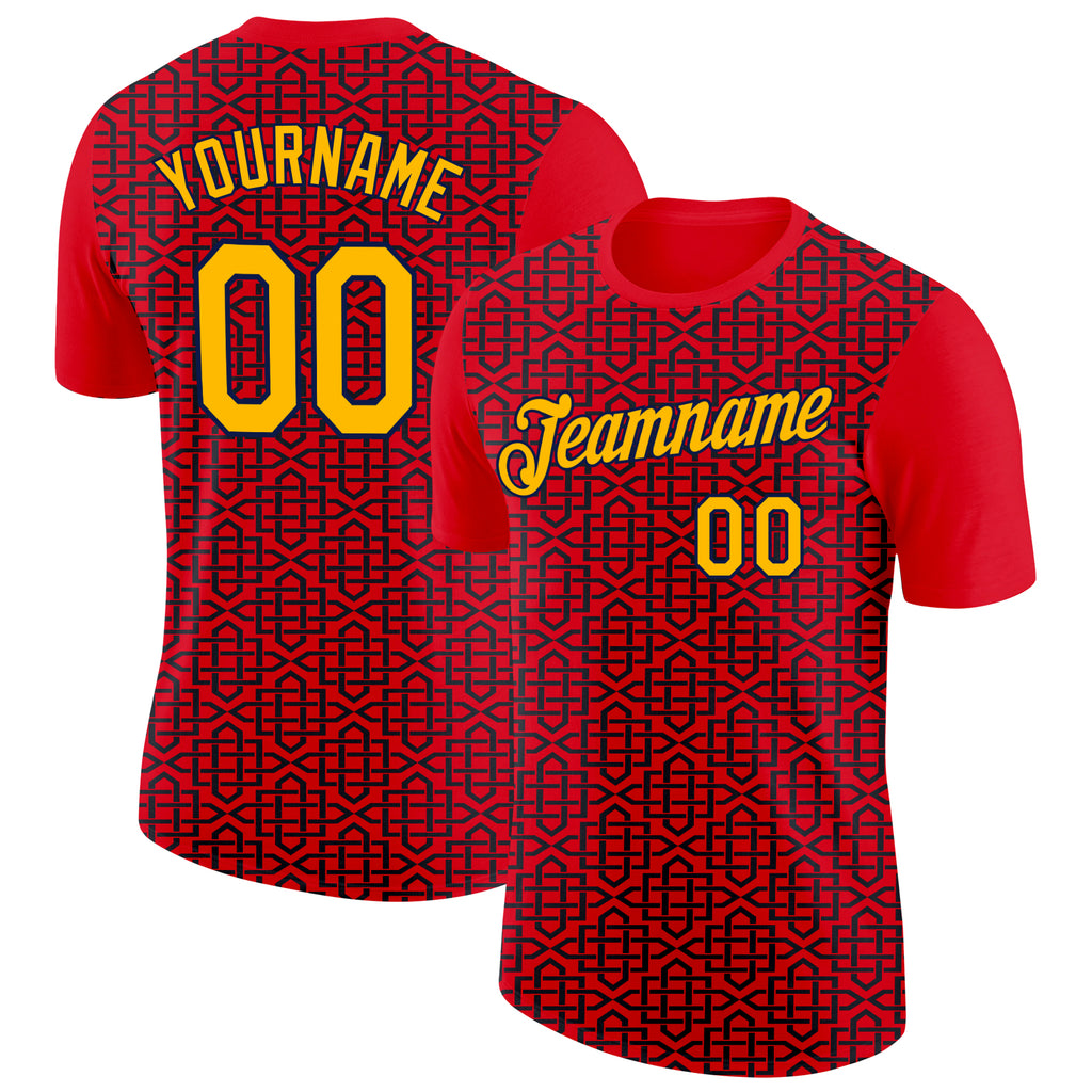 Custom Fire Red Gold Black-Navy 3D Esports Performance T-Shirt