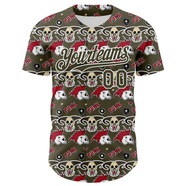 Custom Olive White 3D Punk Rock Skull Authentic Baseball Jersey