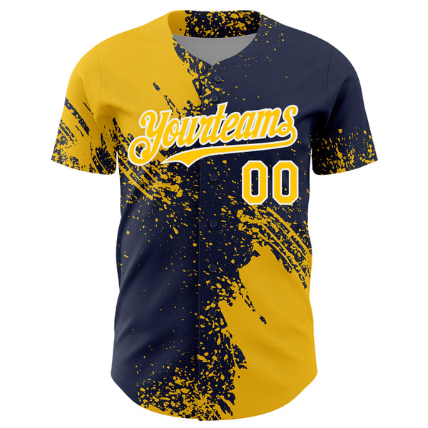 Custom Yellow Navy-White 3D Pattern Design Abstract Brush Stroke Authentic Baseball Jersey