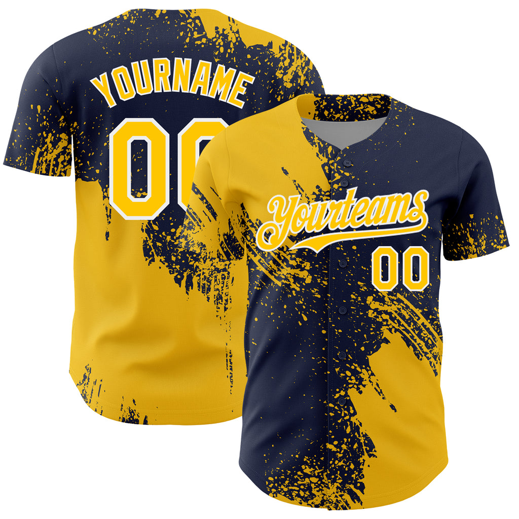 Custom Yellow Navy-White 3D Pattern Design Abstract Brush Stroke Authentic Baseball Jersey