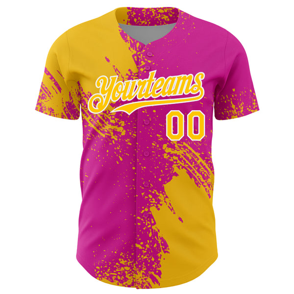 Custom Yellow Deep Pink-White 3D Pattern Design Abstract Brush Stroke Authentic Baseball Jersey