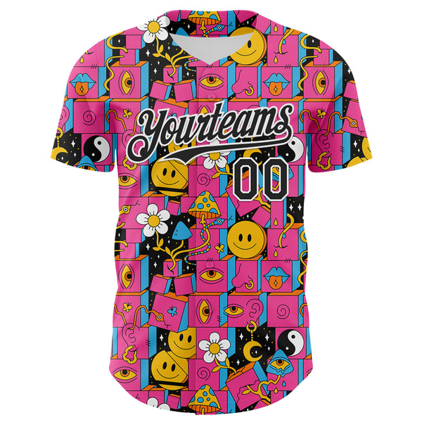 Custom Hot Pink Black-White 3D Pattern Design Rave Psychedelic Geometry Authentic Baseball Jersey