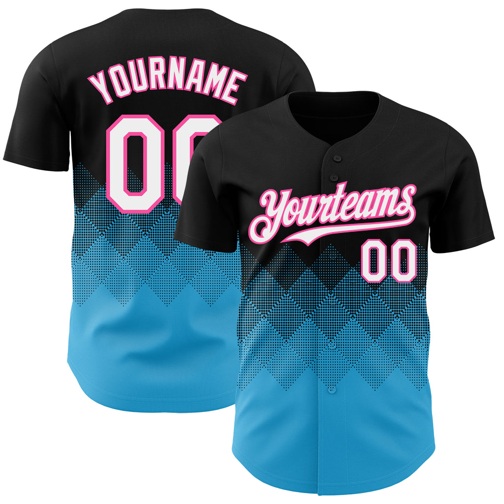 Custom Black White Sky Blue-Pink 3D Gradient Square Shape Authentic Baseball Jersey