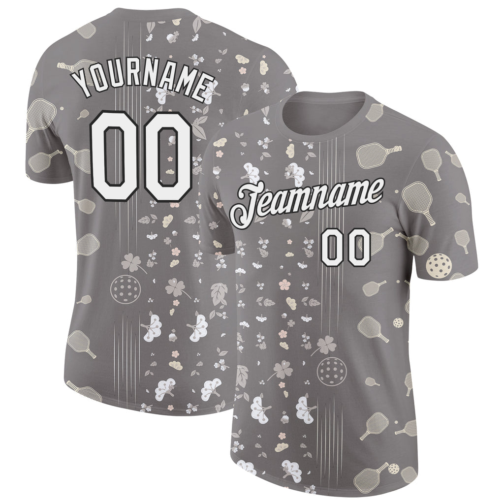 Custom Gray White-Black 3D Pickleball Paddles Balls Floral Performance T-Shirt