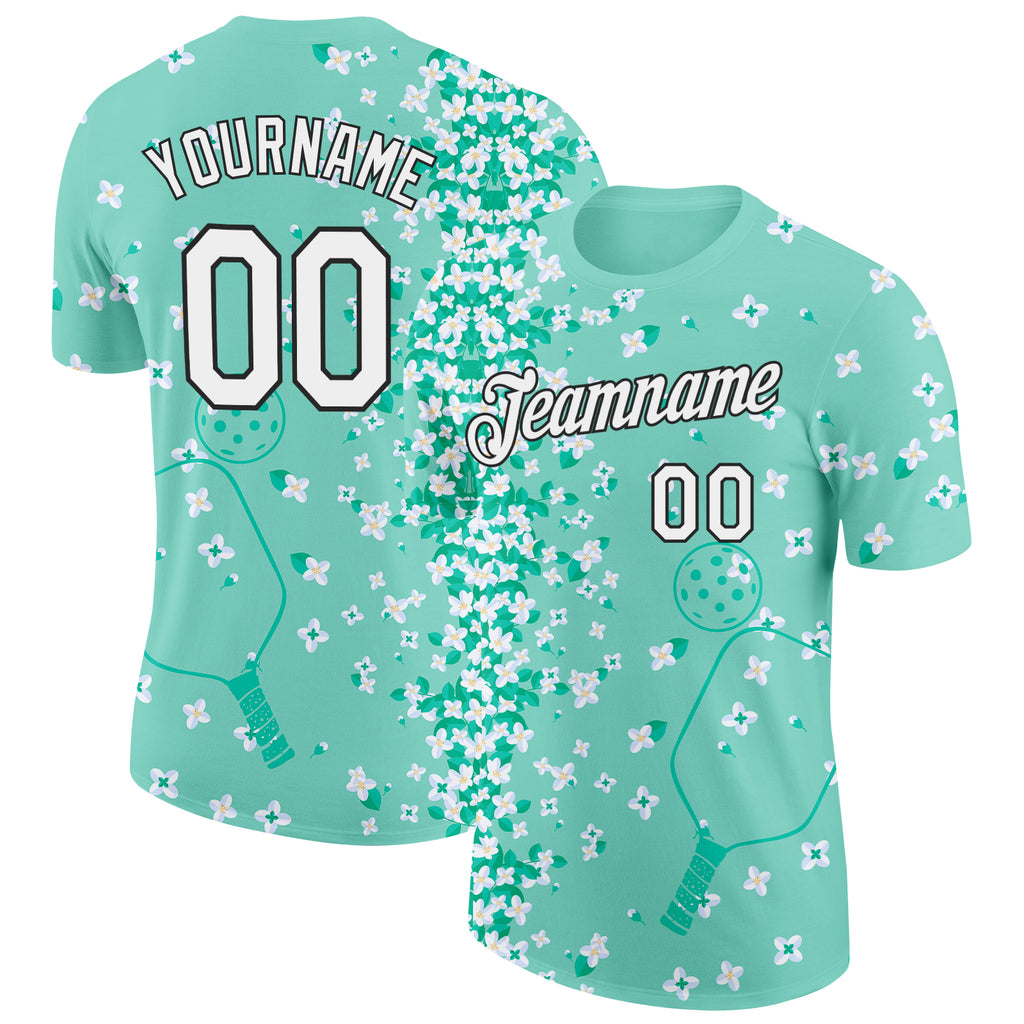 Custom Green White-Black 3D Pickleball Paddles Balls Floral Performance T-Shirt