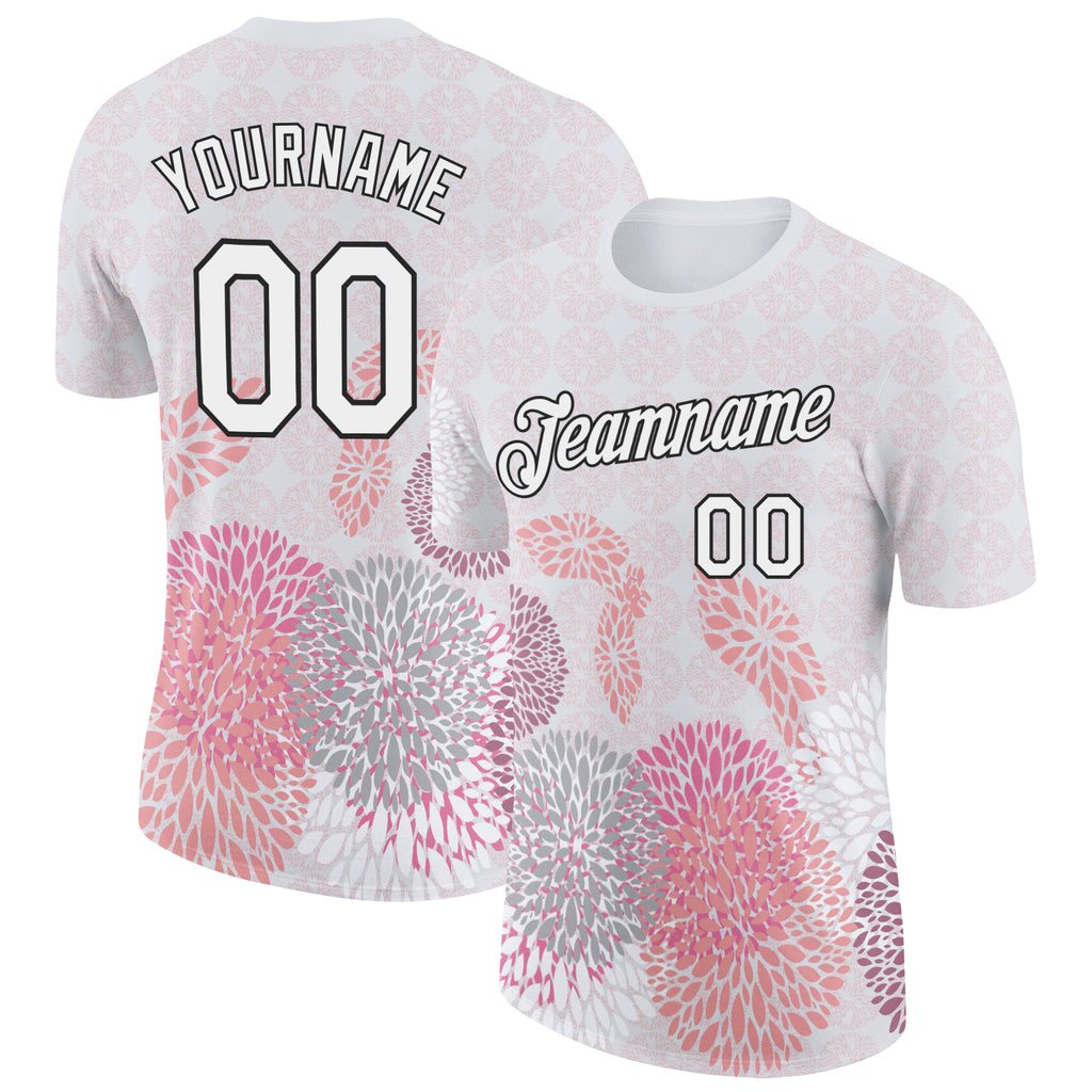 Custom White Black 3D Pickleball Paddles Balls Floral Performance T-Shirt