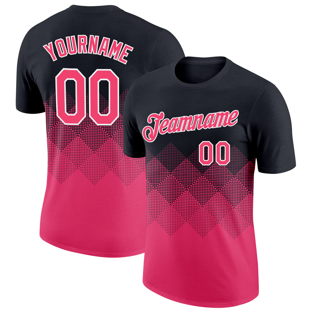 Custom Black Neon Pink-White 3D Pattern Design Gradient Square Shapes Performance T-Shirt