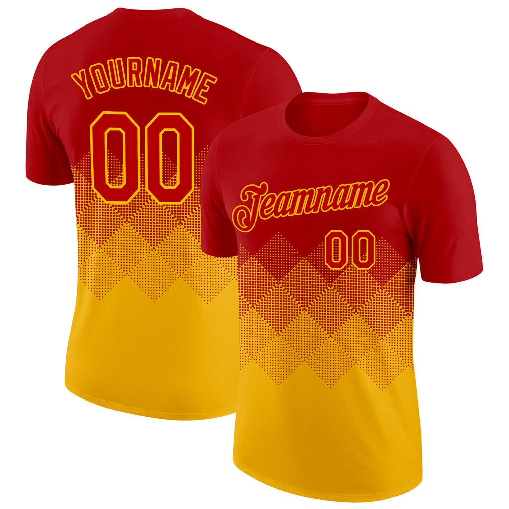 Custom Red Gold 3D Pattern Design Gradient Square Shapes Performance T-Shirt