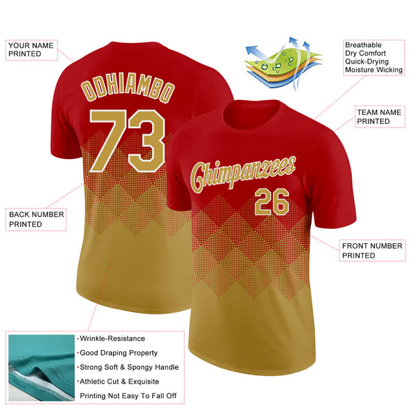 Custom Red Old Gold-White 3D Pattern Design Gradient Square Shapes Performance T-Shirt