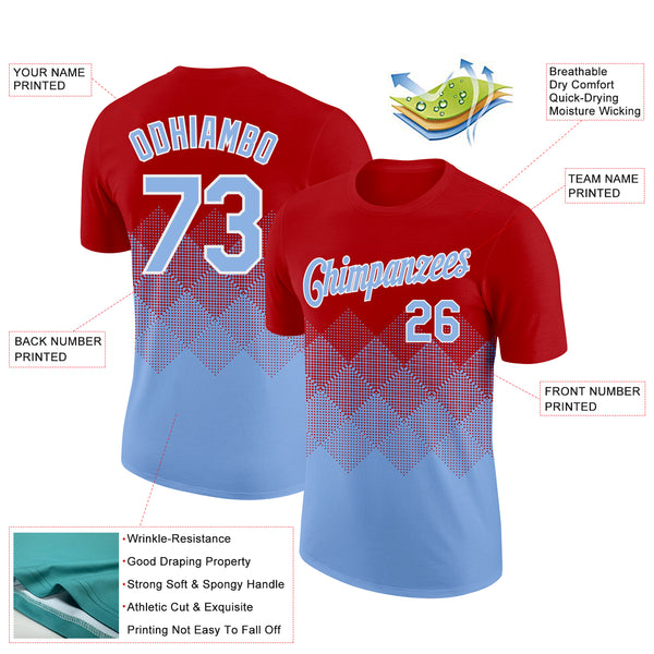 Custom Red Light Blue-White 3D Pattern Design Gradient Square Shapes Performance T-Shirt