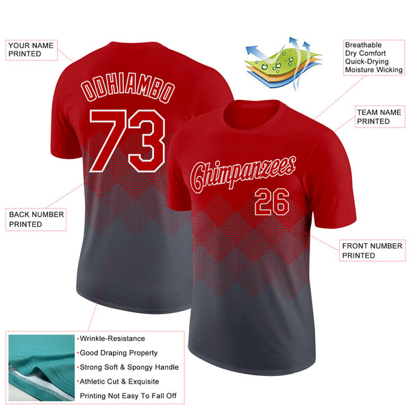 Custom Red Steel Gray-White 3D Pattern Design Gradient Square Shapes Performance T-Shirt