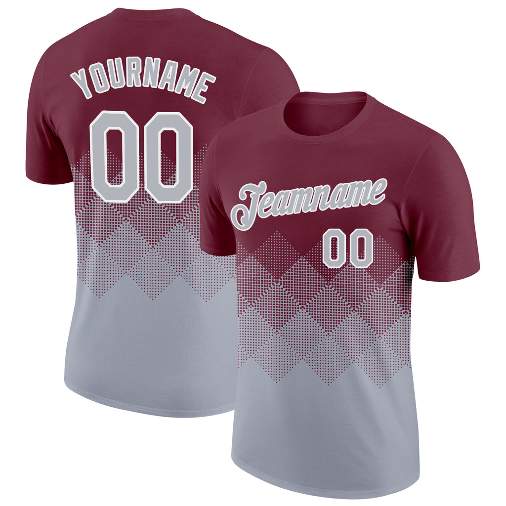 Custom Burgundy Gray-White 3D Pattern Design Gradient Square Shapes Performance T-Shirt
