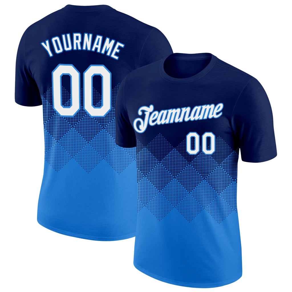 Custom Navy White-Powder Blue 3D Pattern Design Gradient Square Shapes Performance T-Shirt