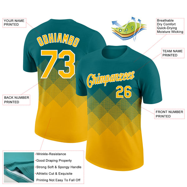 Custom Teal Gold-White 3D Pattern Design Gradient Square Shapes Performance T-Shirt
