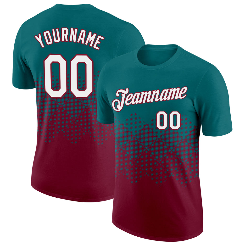 Custom Teal White-Crimson 3D Pattern Design Gradient Square Shapes Performance T-Shirt