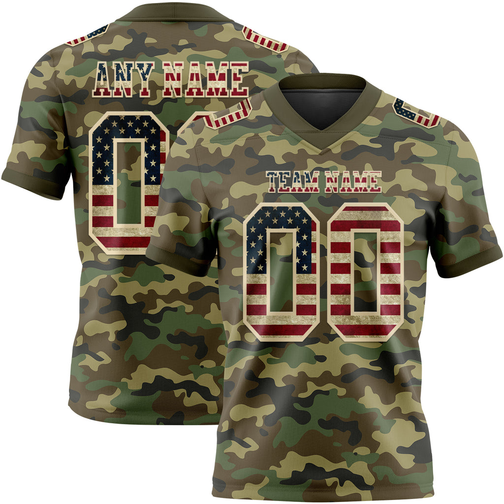 Custom Camo Vintage USA Flag Cream-Olive 3D Pattern Salute To Service Mesh Authentic Football Jersey