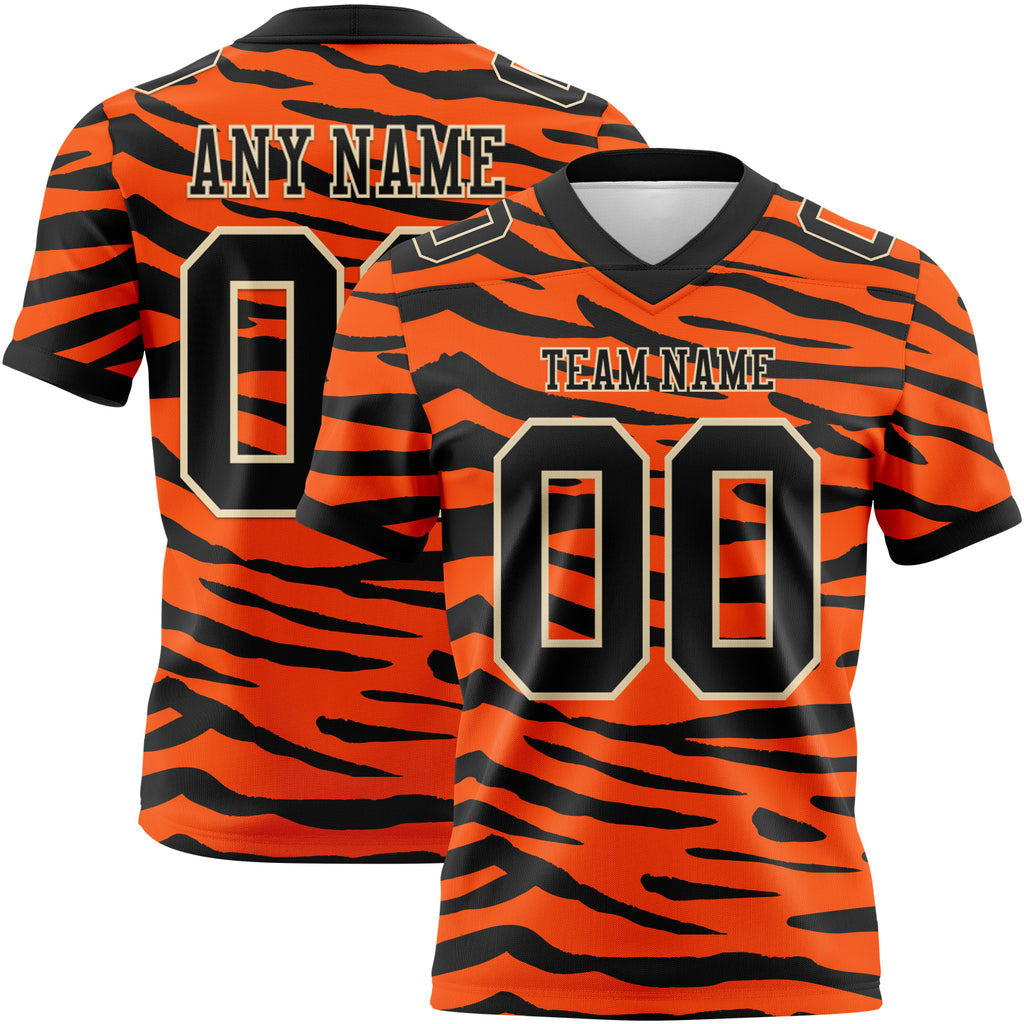 Custom Orange Black-Cream 3D Pattern Tiger Print Authentic Football Jersey