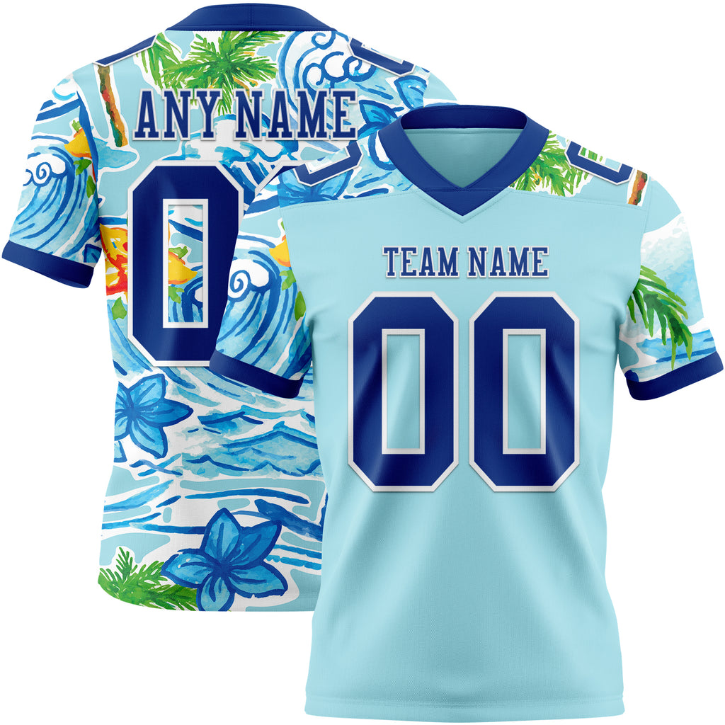 Custom Ice Blue Royal-White 3D Pattern Beach Hawaii Palm Trees And Flowers Mesh Authentic Football Jersey