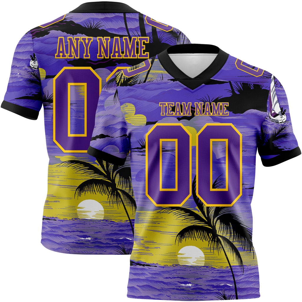 Custom Purple Black-Yellow 3D Pattern Sun Beach Hawaii Palm Trees Mesh Authentic Football Jersey