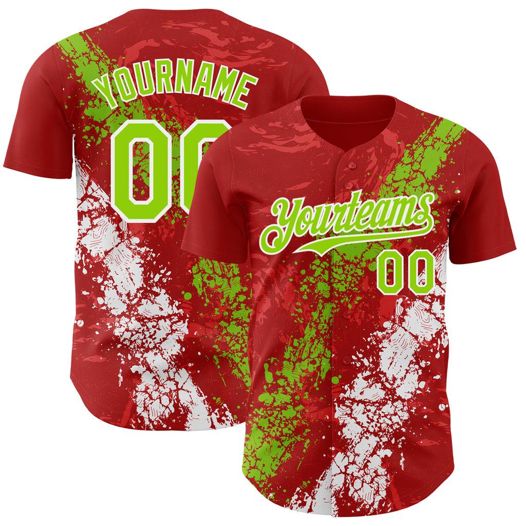 Custom Red Neon Green-White 3D Pattern Design Splash Authentic Baseball Jersey