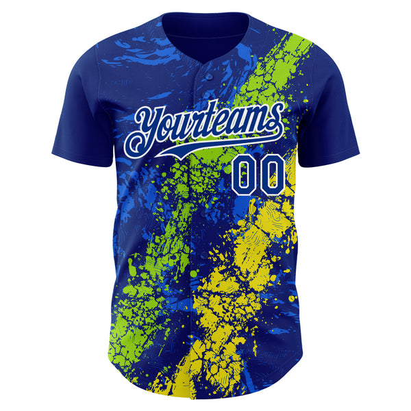 Custom Royal Neon Green Light Yellow-White 3D Pattern Design Splash Authentic Baseball Jersey