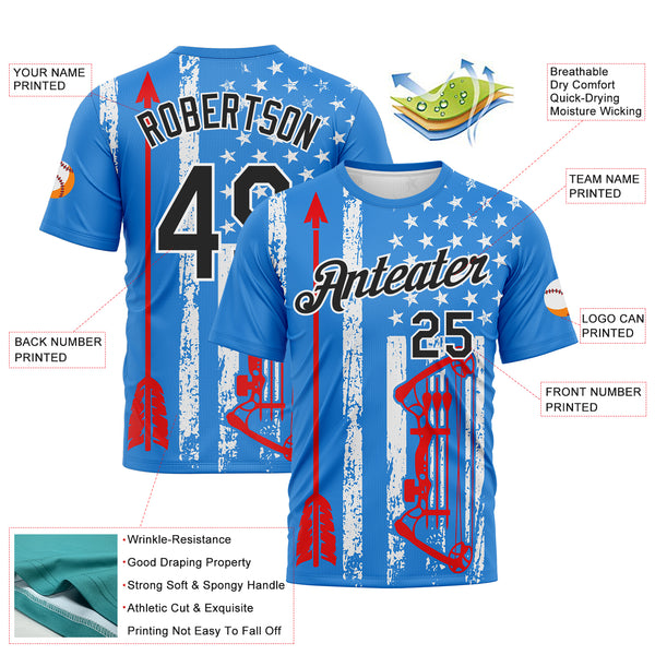Custom Powder Blue Black Fire Red-White 3D Pattern Design Arrow Archery Bow Target American Flag Performance T-Shirt