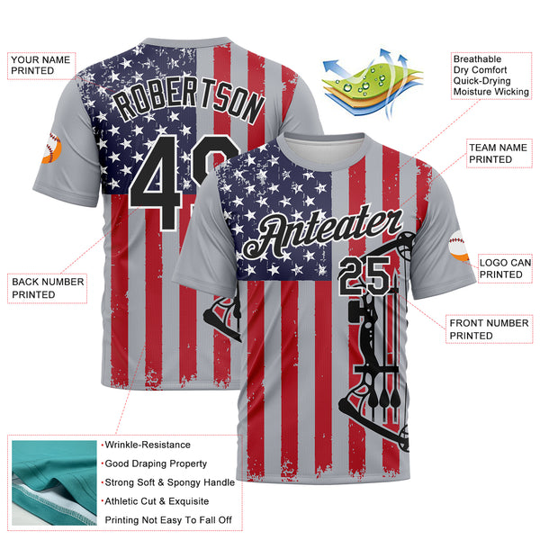 Custom Gray Black Fire Red-White 3D Pattern Design Arrow Archery Bow Target American Flag Performance T-Shirt