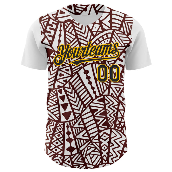Custom White Black Brown-Gold 3D Polynesian Style Islander Authentic Baseball Jersey