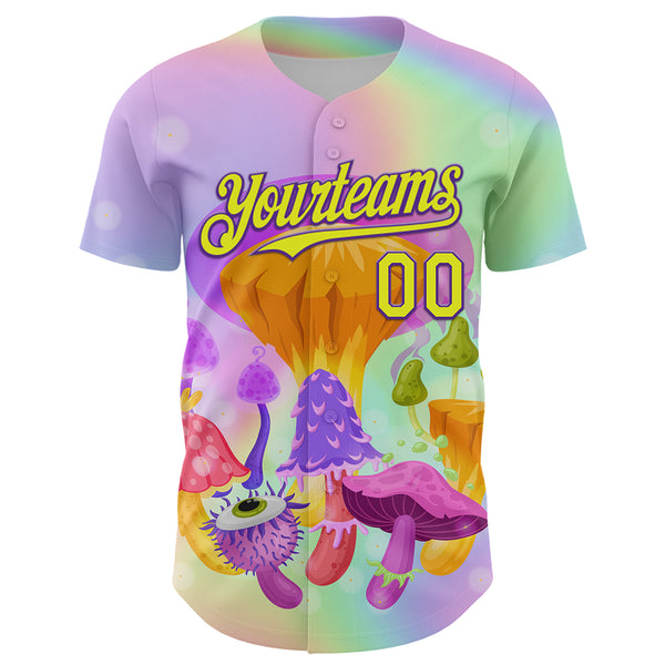 Custom Purple Neon Yellow 3D Pattern Design Trippy Psychedelic Magic Mushrooms Authentic Baseball Jersey