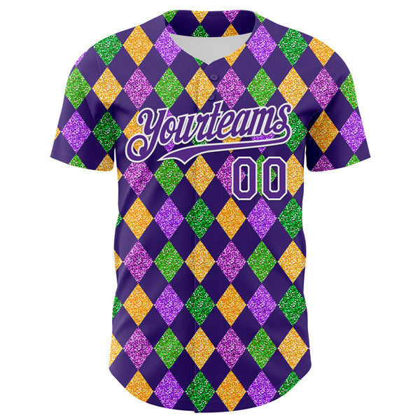 Custom Purple White 3D Pattern Design Mardi Gras Shrove Tuesday Authentic Baseball Jersey