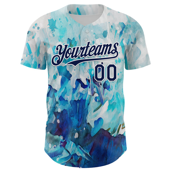 Custom White Navy 3D Pattern Design Burner Costumes Watercolor Paint Authentic Baseball Jersey